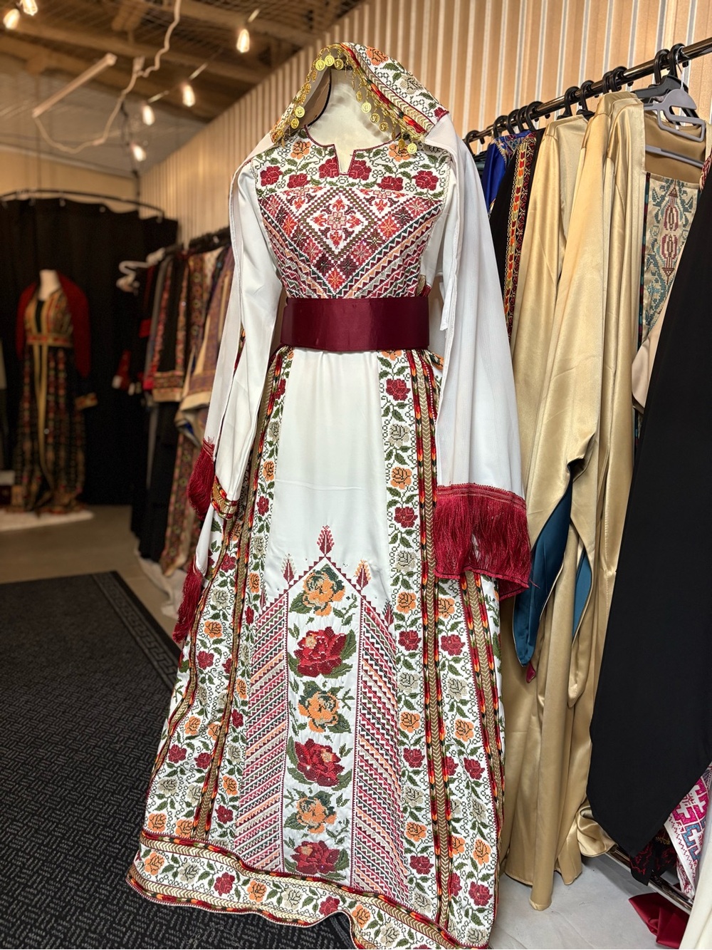 Embroidered White & Red Traditional Women's Dress